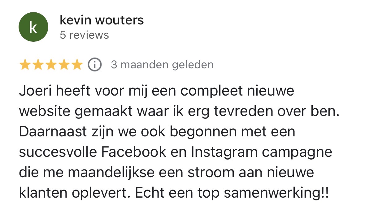 Google review van Kevin Wouters over nieuwe klanten uit campagnes